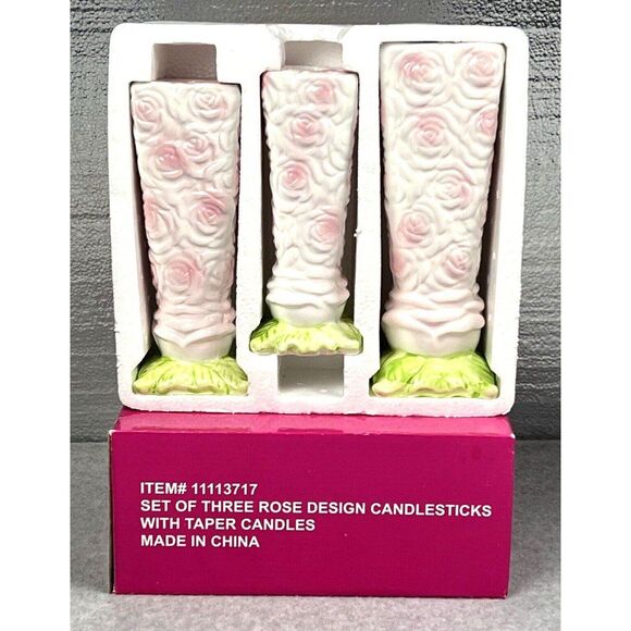 MACYS Candle Holders Ceramic Rose Dinner Set 3 + Candles Christmas Holiday NEW - Picture 3 of 11